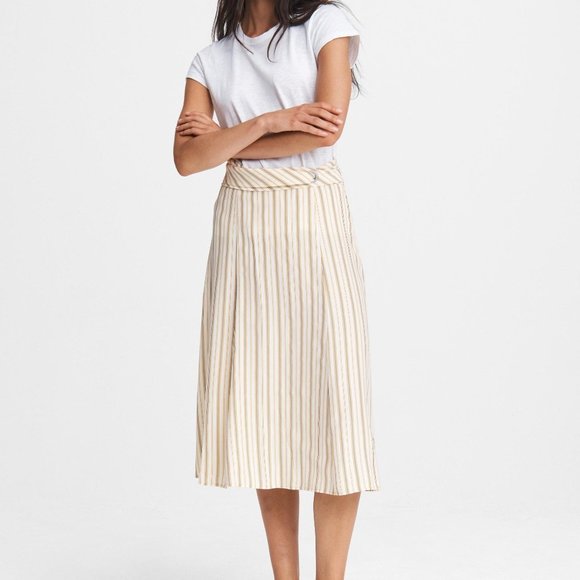 NEW rag & bone Women Felix Silk Skirt Striped Ivory Ochre Waist Tie Belted Midi - Picture 1 of 5